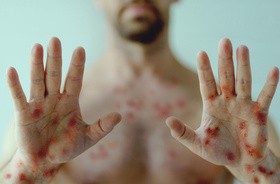 Objawy małpiej opsy w postaci pęcherzy na dłoniach pacjenta