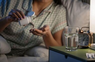 kobieta zażywająca tabletkę,  jak dawkować melatoninę na sen, suplementacja melatoniny, wpływ melatoniny na sen