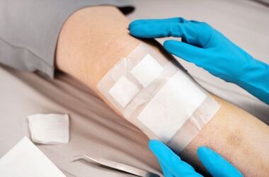 Noga opatrzona plastrami podczas zmiany opatrunku. Jak pielęgnować ranę po operacji, jak dbać o ranę po zabiegu, pielęgnacja rany pooperacyjnej.