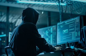 Haker siedzi przy komputerze i dokonuje wycieku danych