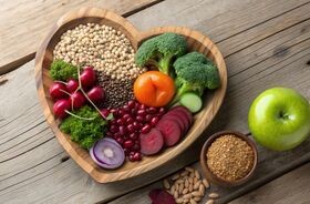 dieta miażdżycowa, dieta przy miażdżycy, warzywa i strączki w misce w kształcie serca, dieta na obniżenie cholesterolu