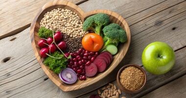 dieta miażdżycowa, dieta przy miażdżycy, warzywa i strączki w misce w kształcie serca, dieta na obniżenie cholesterolu