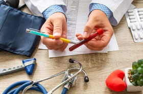 lekarz trzymający probówkę z krwią i tłumaczący co to jest anemia