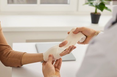 Medyk zakładający opatrunek na dłoń pacjentki. Rodzaje ran, rany.