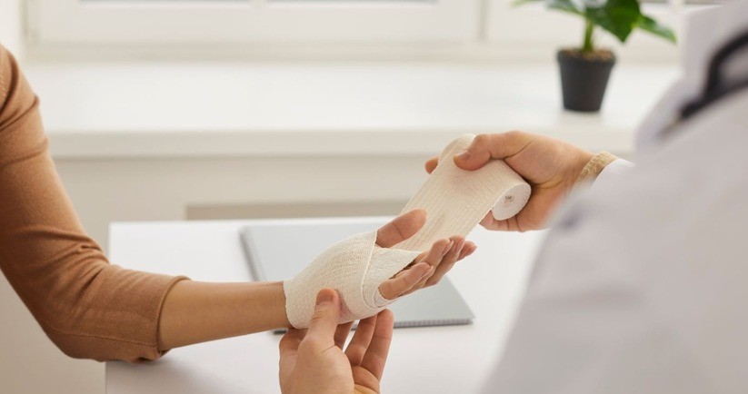 Medyk zakładający opatrunek na dłoń pacjentki. Rodzaje ran, rany.