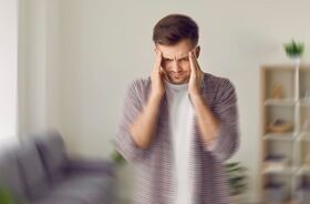 zapalenie opon mózgowo-rdzeniowych, mężczyzna trzymający się za głowę, objawy zapalenia opon mózgowo-rdzeniowych