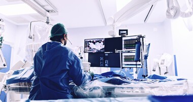 Lekarz przeprowadza zabieg ablacji serca z wykorzystaniem promieniowania RTG