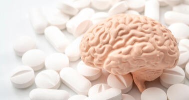 Tabletki smart drugs rozsypane wokół modelu mózgu