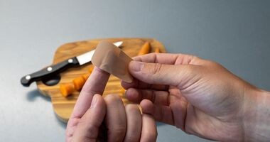 Dłonie opatrujące ranę od noża. Skaleczenie, drobne urazy skóry, siniaki, jak opatrzyć skaleczenie.