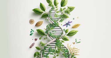 Podwójna helisa DNA w otoczeniu roślin, jako symbol leczenia biologicznego
