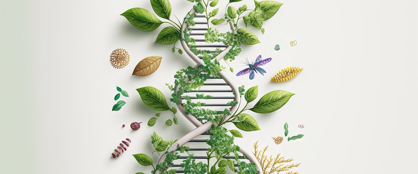 Podwójna helisa DNA w otoczeniu roślin, jako symbol leczenia biologicznego