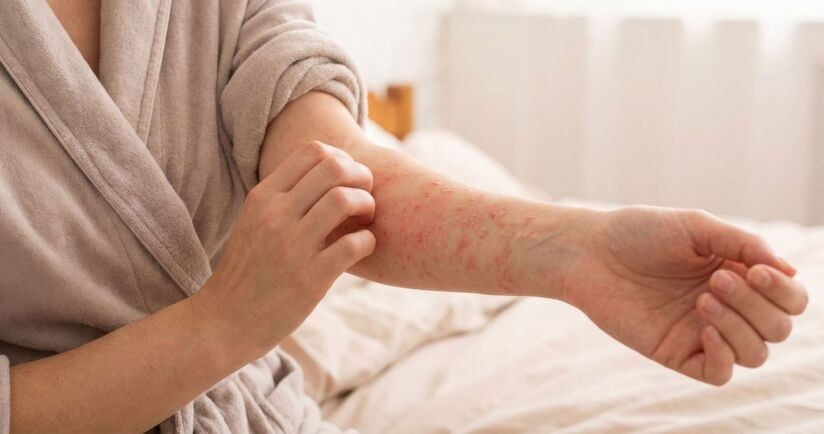 pielęgnacja skóry z AZS, jak pielęgnować skórę z AZS, AZS na kobiecym przedramieniu