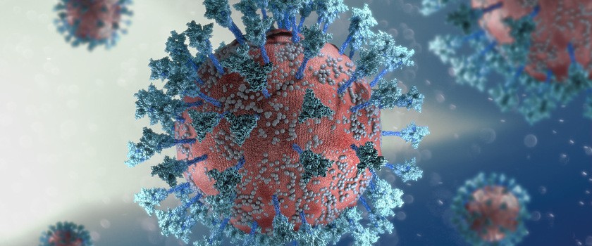 Wariant wirusa, koronawirus, kolce białkowe wirusa Omikron. Covid-19 widziany pod mikroskopem.