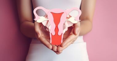 Koncepcja zdrowia reprodukcyjnego kobiet. Kobieta trzyma kształt macicy wykonany z papieru na różowym tle. Świadomość chorób macicy, takich jak endometrioza, PCOS lub rak ginekologiczny. GENERATywna sztuczna inteligencja