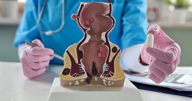 lekarz proktolog i model odbytnicy, badanie per rectum, badanie protktologiczne, jak wygląda badanie per rectum