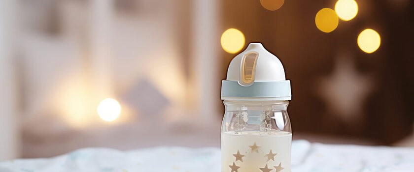 Preparat dla niemowląt w butelce przy dziecinnym łóżeczku