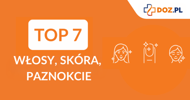 Napis TOP7 - włosy, skóra, paznokcie. Ikony dwóch kobiet i paznokcia. Ranking tabletek na włosy, skórę, paznokcie