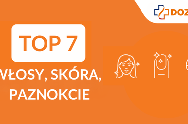 Napis TOP7 - włosy, skóra, paznokcie. Ikony dwóch kobiet i paznokcia. Ranking tabletek na włosy, skórę, paznokcie