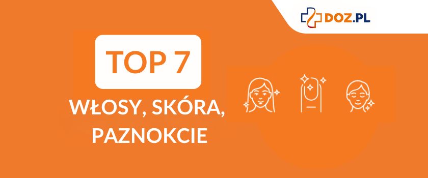 Napis TOP7 - włosy, skóra, paznokcie. Ikony dwóch kobiet i paznokcia. Ranking tabletek na włosy, skórę, paznokcie
