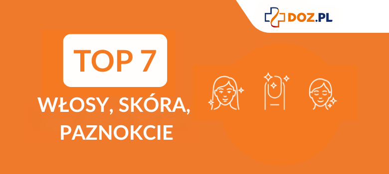 Napis TOP7 - włosy, skóra, paznokcie. Ikony dwóch kobiet i paznokcia. Ranking tabletek na włosy, skórę, paznokcie