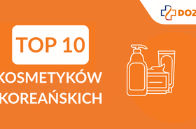 Biały napis "TOP 10 kosmetyków koreańskich" i kontury opakowań z kosmetykami na pomarańczowym tle. Ranking kosmetyków koreańskich 2025, ranking kosmetyków do koreańskiej pielęgnacji twarzy 2025