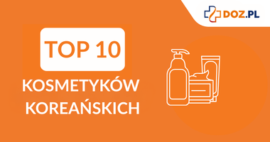 Biały napis "TOP 10 kosmetyków koreańskich" i kontury opakowań z kosmetykami na pomarańczowym tle. Ranking kosmetyków koreańskich 2025, ranking kosmetyków do koreańskiej pielęgnacji twarzy 2025