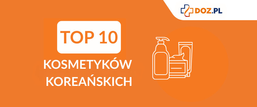 Biały napis "TOP 10 kosmetyków koreańskich" i kontury opakowań z kosmetykami na pomarańczowym tle. Ranking kosmetyków koreańskich 2025, ranking kosmetyków do koreańskiej pielęgnacji twarzy 2025