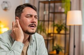 Mężczyzna z grymasem bólu na twarzy, trzymający się za okolice ucha lub szyi. Czyrak, gdzie pojawia się czyrak, jak wygląda czyrak.