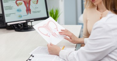 Lekarz ginekolog pokazuje pacjentce ilustrację, na której znajdują się kobiece narządy rozrodcze