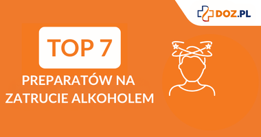 Napis TOP7 Preparatów na zatrucie alkoholem i kontur postaci z zawrotami głowy. Ranking preparatów na kaca, ranking preparatów na zatrucie alkoholem