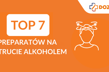 Napis TOP7 Preparatów na zatrucie alkoholem i kontur postaci z zawrotami głowy. Ranking preparatów na kaca, ranking preparatów na zatrucie alkoholem