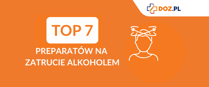Napis TOP7 Preparatów na zatrucie alkoholem i kontur postaci z zawrotami głowy. Ranking preparatów na kaca, ranking preparatów na zatrucie alkoholem