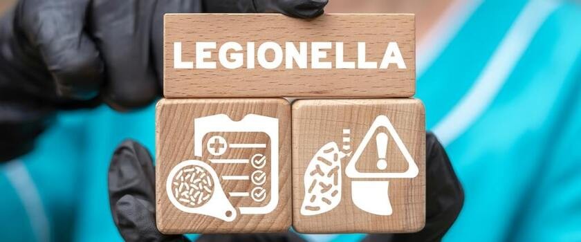 Napis legionella w formie drewnianych klocków wraz z symbolami, takimi jak objawy i leczenie legionelli
