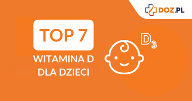 Napis "TOP7 witamina D dla dzieci", kontur dziecka z symbolem witaminy D, ranking witaminy D dla dzieci