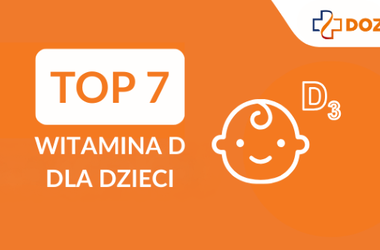 Napis "TOP7 witamina D dla dzieci", kontur dziecka z symbolem witaminy D, ranking witaminy D dla dzieci