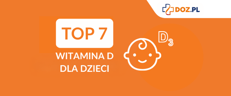 Napis "TOP7 witamina D dla dzieci", kontur dziecka z symbolem witaminy D, ranking witaminy D dla dzieci