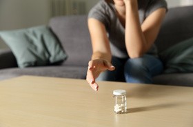 Kobieta sięga po tabletki przecibólwe, które leżą w szklanym pojemniku na drewnianym stole