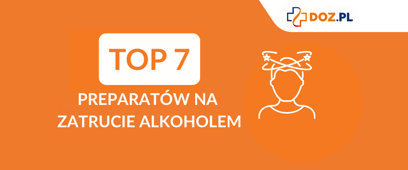 Napis TOP7 Preparatów na zatrucie alkoholem i kontur postaci z zawrotami głowy. Ranking preparatów na kaca, ranking preparatów na zatrucie alkoholem