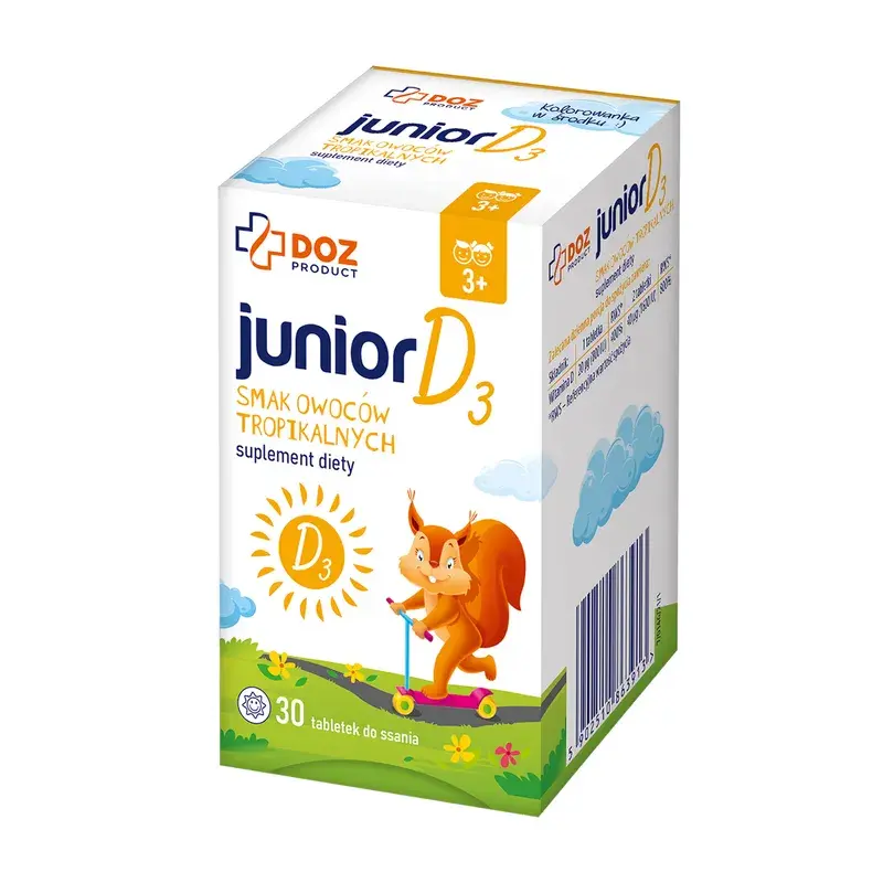 witamina D dla dzieci, DOZ Product Junior D3 smak owoców tropikalnych, tabletki do ssania, 30 szt., ranking witaminy D dla dzieci