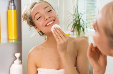 tonik do twarzy, jaki tonik do twarzy, jak działa tonik do twarzy, najlepszy tonik do twarzy, kobieta nakłada tonik na twarz przed lustrem