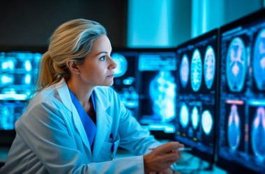 neurolog ocenia zdjęcia mózgu przy diagnozie choroby