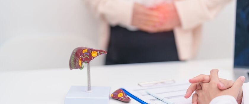 Pacjentka u lekarza, na stole model ludzkiej wątroby. Rośnie liczba zakażeń WZW typu A w Polsce i Czechach.