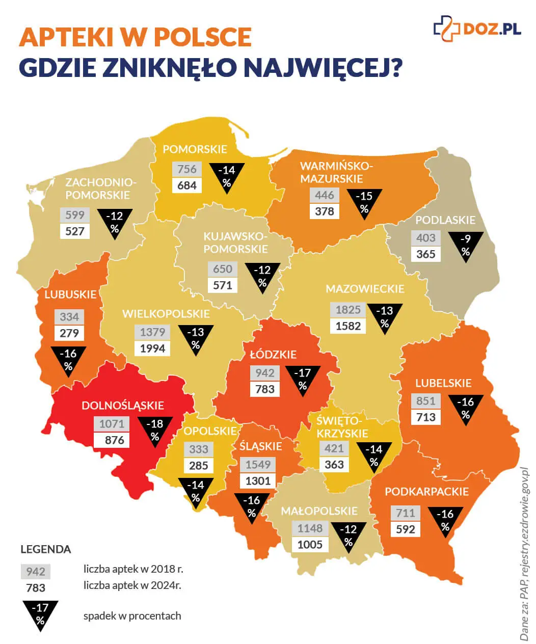 Mapa gdzie jest najmniej aptek w Polsce
