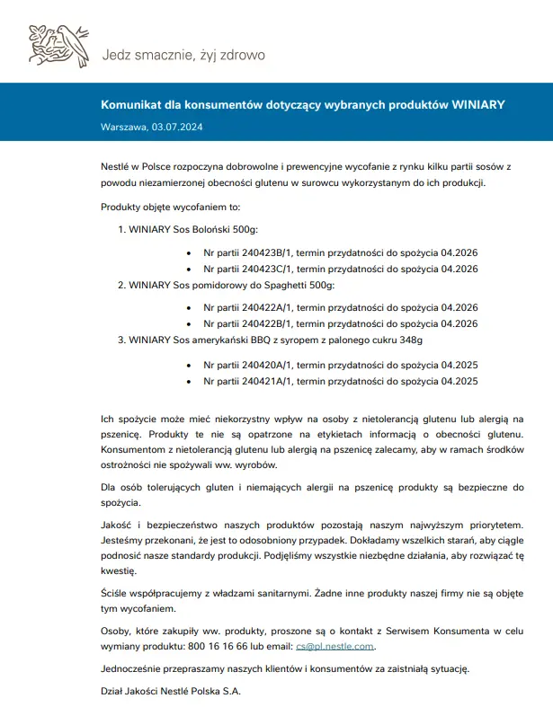 kOMINIKAT NESTLE W SPRAWIE SOSÓW Z GLUTENEM