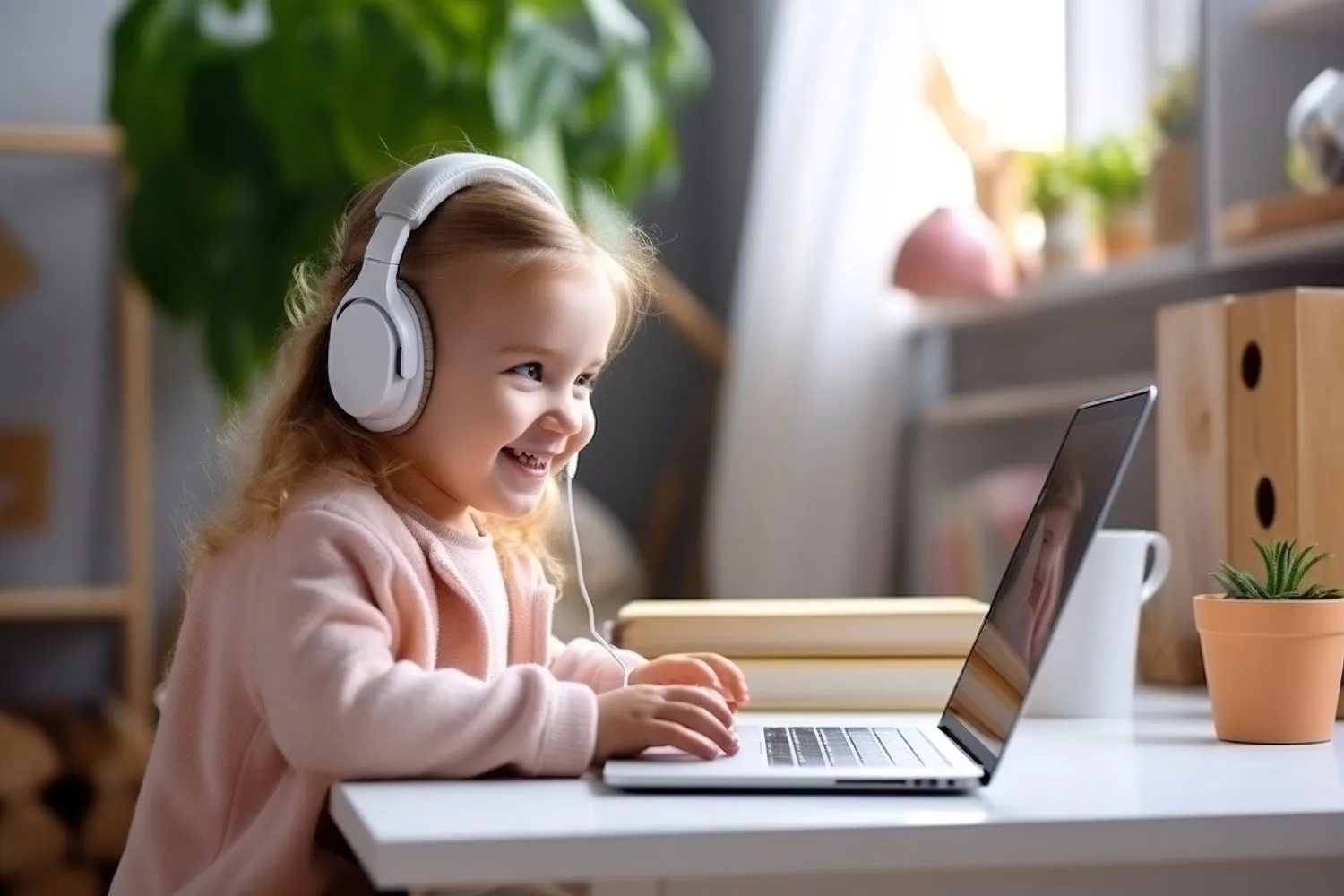 Mała dziewczynka uczy się nowych słów, korzystająć z komputera