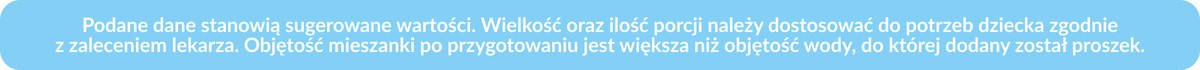 Podane dane stanowią sugerowane wartości. Wielkość oraz ilość porcji należy dostosować do potrzeb dziecka zgodnie  z zaleceniem lekarza. Objętość mieszanki po przygotowaniu jest większa niż objętość wody, do której dodany został proszek