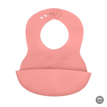BabyOno, miękki śliniak z kieszonką i regulowanym zapięciem, różowy, 6 m+, 1 szt.
