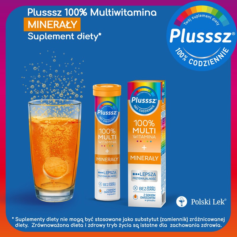 Plusssz 100% Multiwitamina + Minerały, tabletki musujące, 20 szt.