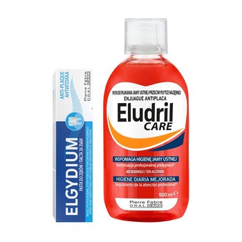 Zestaw Eludril Care, płyn do codziennej higieny jamy ustnej, 500 ml + Elgydium Anti Plaque, pasta do zębów, 75 ml