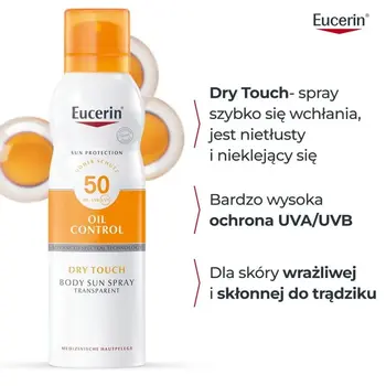 Eucerin Sun Oil Control SPF 50+, transparentny spray ochronny do ciała, 200 ml